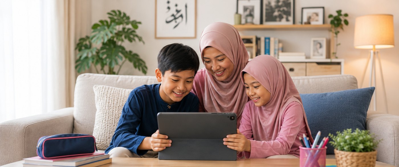 Ibu dan dua anak belajar bersama menggunakan ilmugo di tablet